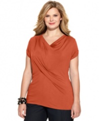 Draping lends an elegant appeal to Tahari Woman's short sleeve plus size top-- dress it up with trousers or down with denim.