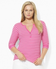 A deep split neckline finished with silver-toned buttons lends modern allure to a classic striped plus size henley from Lauren by Ralph Lauren in soft ribbed cotton. (Clearance)