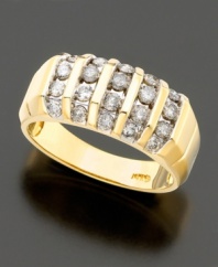 This bold and contemporary ring design combines five spectacular rows of round diamonds (1 ct. t.w.) on a hefty band of polished 14k yellow gold.