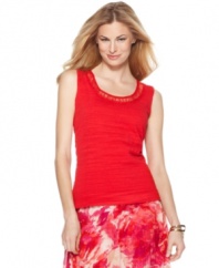 Kick up any outfit in this vibrant sleeveless shell from Jones New York. The mesh trim at the neckline adds the right touch of romance to this chic essential.