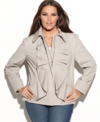 Add a feminine layer to your look this season with INC's long sleeve plus size jacket, accented by a ruffled front.