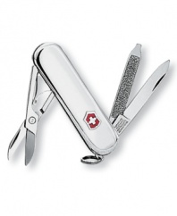 Always be prepared with this sterling silver classic SD pocket Knife by Swiss Army. Featuring a blade, nail file with screw driver, scissors and key ring. Lifetime guarantee against any defects in material and workmanship.