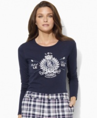A tonal beaded shield crest imbues this long-sleeved cotton petite jersey tee with a chic heritage feel, from Lauren by Ralph Lauren. (Clearance)