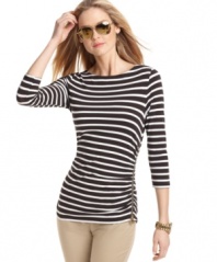 The nautical feel of MICHAEL Michael Kors' petite striped top is just right for spring. The logo zipper detail at the left side makes the look casual luxe.