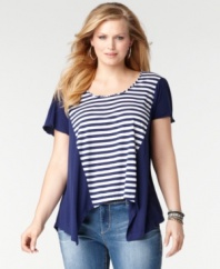 Land an on-trend look with Seven7 Jeans' short sleeve plus size top, featuring a striped pattern.