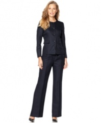 A collarless jacket and clean-front pants give this petite suit by Le Suit streamlined appeal.
