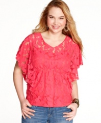 Win the style race this spring with Belle Du Jour's butterfly sleeve plus size top, crafted from on-trend lace.
