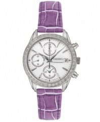 A burst of vibrant color adds extra glitz to this shimmering timepiece from Seiko.