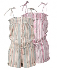 When the weather warms up she'll be ready to play in style in this striped romper with trendy details from Roxy.