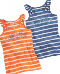 Everyday sparkle. A little bling on the front of this casual striped tank top from Guess gives it strong star power.