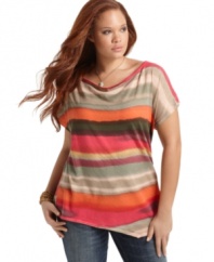 Add a burst of color to your look with One 7 Six's short sleeve plus size sweater, featuring on-trend stripes.
