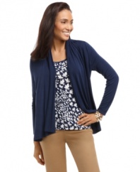 Get the look of two pieces in one stylish petite top: Charter Club outfits an inset layer with a striking bird print in navy and white and a cardigan-style solid outer layer.
