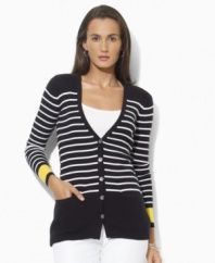 A timeless petite button-front cardigan from Lauren by Ralph Lauren is crafted in ribbed cotton with a chic striped pattern and contrasting cuffs. (Clearance)