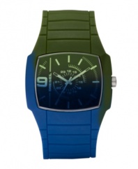 The shy need not apply. Flaunt your adventurous side with this bold watch by Diesel. Blue and green silicone-wrapped stainless steel bracelet and square case. Black dial covered with faded blue and green crystal features applied stick indices, numeral at nine o'clock, three hands and logo. Quartz movement. Water resistant to 30 meters. Two-year limited warranty.