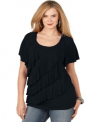 Ruffle up your casual look with AGB's short sleeve plus size top, showcasing a tiered front-- team it with your favorite jeans!