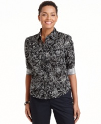 Contrasting striped cuffs pop against the floral print of this petite Karen Scott button-front shirt. Wear yours with a pair of crisp pants for work! (Clearance)