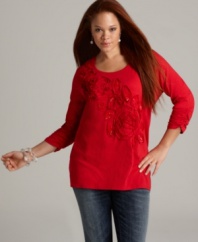 Love your casual look with Style&co.'s three-quarter sleeve plus size top, featuring embellished rose applique.