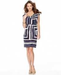A blouson-style fit is the perfect balance to a graphic geometric print on this work-ready petite dress by Evan Picone.