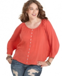 Dolman sleeves add a dramatic flair to American Rag's plus size top, highlighted by a faux button front. (Clearance)