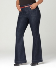 Dress up your denim with Style&co.'s plus size flared jeans, featuring a belted waist and trouser styling.