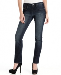 Revive your denim collection with this petite pair of jeans by Earl Jean. A flattering dark wash is faded at the thighs and rhinestones and embroidery highlight the pockets.