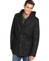 The epitome of handsome sophistication, this single-breasted wool-blend pea coat from Guess comes with an optional knit hood to add a layer or keep it classic.