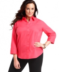 For sophisticated casual style, Jones New York Signature's three-quarter sleeve plus size shirt is a must-get!