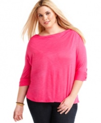 Complete your casual look with Soprano's three-quarter sleeve plus size top-- it's a perfect match with jeans.