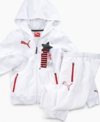 Start her super-star style early in this Puma hoodie with graphics and sparkle for a look that stands out.