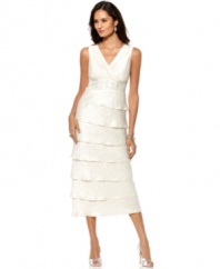 R&M Richards petite dress is made evening-worthy with a sequined empire waist and pretty tiered skirt.
