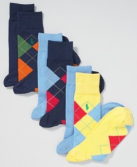 Pattern yourself out of classic style with these argyle and solid colored socks from Ralph Lauren.