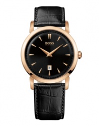 A casual timepiece for the understated gentleman. Watch by Hugo Boss crafted of black croc-embossed leather strap and round rose-gold tone stainless steel case. Black dial features applied rose-gold tone stick indices, date window at six o'clock, three hands and logo at twelve o'clock. Quartz movement. Water resistant to 50 meters. Two-year limited warranty.