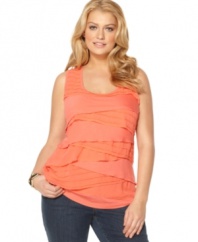 A ruffled front lends feminine flair to Cable & Gauge's plus size tank top-- team it with your favorite casual bottoms!