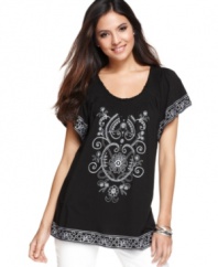 Style&co. puts a fresh spin on an essential petite top: embroidery and rhinestones give you a glam-yet-casual look!