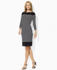 Infused with nautical inspiration, this petite boatneck dress from Lauren by Ralph Lauren is finished with horizontal stripes, three-quarter length sleeves and a chic laced detail at the shoulders. (Clearance)