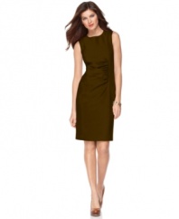 Jones New York's petite sleeveless sheath creates a slim silhouette that is always figure flattering. Pair it with sky-high heels for an elegant outfit.