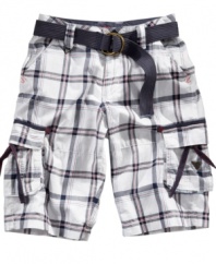These plaid cargo shorts from guess are full of all the details needed to complete his super-cool warm-weather look.