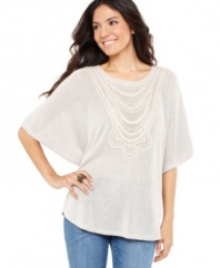 A slouchy-chic petite sweater from Style&co. gets a unique update with a crochet applique necklace in the front! Perfect for a pulled-together weekend look.