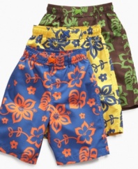 A tropical paradise. He'll get in the hot-weather spirit with a pair of these patterned swim trunks from Tommy Hilfiger.