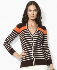 An earthy palette with a modern mix of stripes lends relaxed elegance to Lauren by Ralph Lauren's petite Krystoff cardigan, rendered in stretch ribbed-knit cotton with a buttoned placket for cozy comfort.