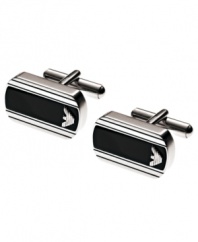 Tie everything together with this dapper logo-embossed cuff links by Emporio Armani crafted in stainless steel and black enamel.