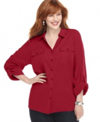 Elementz offers a versatile look with this three-quarter sleeve plus size shirt-- dress it up with trousers or down with denim.