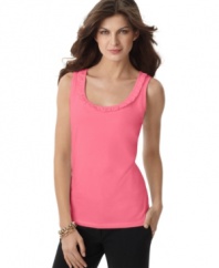 A tiny ruffled border lends feminine charm to this essential petite tank top from Jones New York Signature.