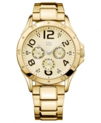 First place style from Tommy Hilfiger. This golden watch boasts an allover shine and multifunctional dial.