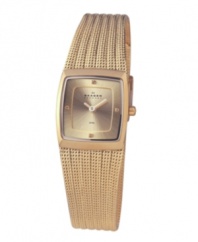 All the elegance of fine jewelry. Stunning watch by Skagen Denmark crafted of gold-plated stainless steel striped mesh bracelet and square case. Gold tone sunray dial features crystal accents at twelve, three, six and nine o'clock, two hands and black logo. Quartz movement. Water resistant to 30 meters. Limited lifetime warranty.