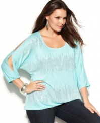 Show off your shimmer from day to night with INC's three-quarter sleeve plus size top, showcasing a rhinestone front.