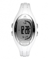 A watch that can keep up with your routine: the Lahar by adidas. White polyurethane strap and oval plastic case with silver tone metal bezel. Positive display digital dial with gray background features black digits displaying time, day, date, countdown timer, interval timer and 10-lap memory. Quartz movement. Water resistant to 100 meters. Two-year limited warranty.