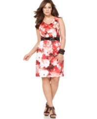 A blooming floral print brightens up AGB's sleeveless plus size dress, accentuated by a belted waist. (Clearance)