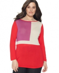 Brighten up your casual style this season with Jones New York Collection's long sleeve plus size top, highlighted by a colorblocked design.