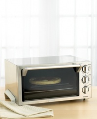 Crafted in stainless steel for a sleek, modern look, this large toaster oven features multiple cooking functions that allow you to bake, broil, toast, slow cook and keep meals warm right on your countertop. One-year manufacturer's warranty. Model EO1260.